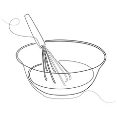 Bowl with liquid and whisk one line drawing. Culinary minimalist silhouette image. Linear icon on a white background. Bowl and whisk in continuous one line art style. Simple vector illustration. 