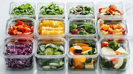 Organizing freezing prepared vegetables in glass containers bright freezer light top angle view home kitchen concept