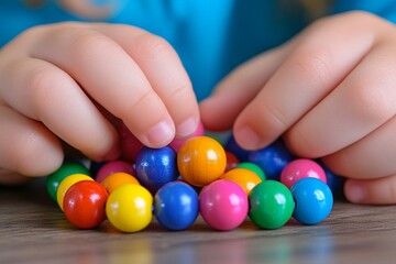 Close up loving mother helping little daughter making colorful wooden beads jewelry, sitting at desk at home, smiling young mum and preschool pretty girl enjoying creative activity, leisure