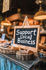 A close-up of a "Support Local Business" sign displayed on a counter in a shop