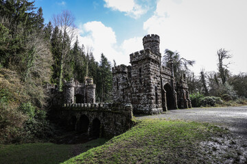 Ballysaggartmore Towers, Ireland, showcasing its striking Gothic gatehouse ruins amid lush woodland