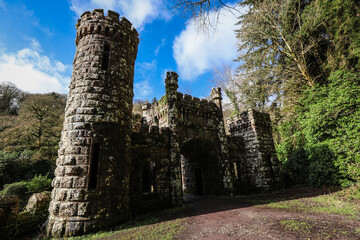 Ballysaggartmore Towers, Ireland, showcasing its striking Gothic gatehouse ruins amid lush woodland