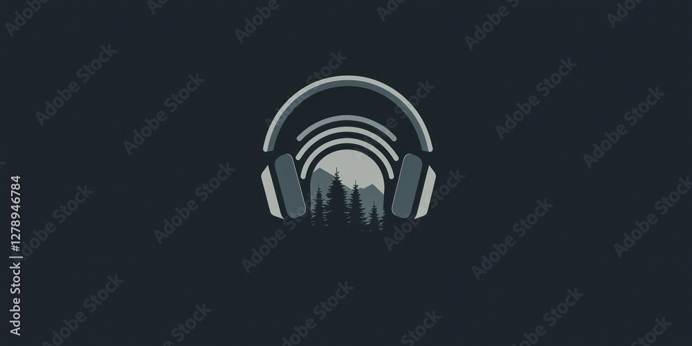 Aufkleber a minimalistic podcast icon featuring a headphone and a circular waveform design.