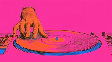 Obraz premium Vibrant Retro DJ Art: Hand Spinning Vinyl on Bold Neon Turntable Background