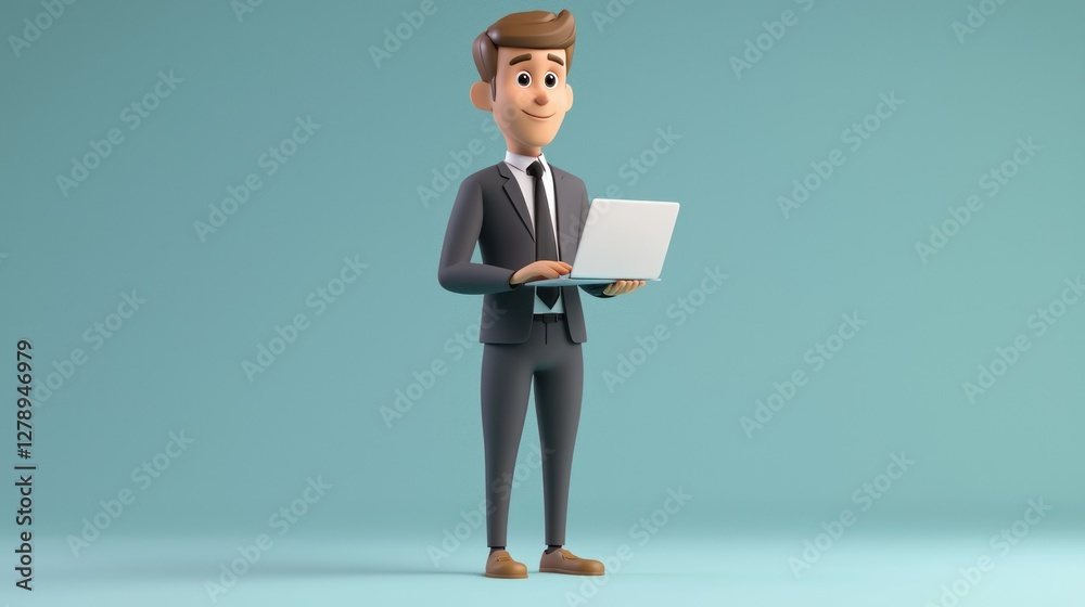 Poster a modern 3d character in professional attire standing confidently with a laptop.