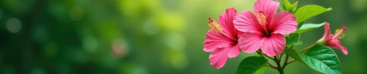 Fototapeta premium Pink hibiscus flowers blooming on a green stem, nature, flowers