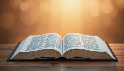 Fototapeta premium Open book on wooden table with warm sunlight background creating a serene and inviting reading atmosphere