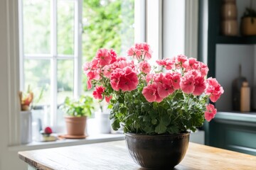 Fototapeta premium Pelargonium blooms brighten a cheerful kitchen setting with natural light