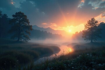 Obraz premium Radiant starlight illuminates the misty landscape with a soft ethereal glow, mist, mystical, peaceful