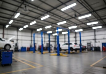 Auto repair shop interior, wide angle view, blurred background, fluorescent lighting, car lifts, mechanics working, white cars, blue tools, industrial space, clean floor