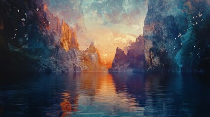 Surreal sunset over a calm lake between colorful mountains and flying birds.