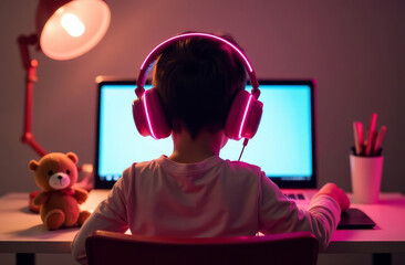 A girl wearing pink backlit headphones sits at a laptop at her desk and studies. View from the back. Online learning for children. Homeschooling.