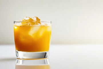 Refreshing orange juice in a glass with ice cubes on a clean white background
