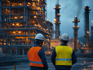 Industrial Overseers: Two figures in work attire stand shoulder-to-shoulder, gazing upon a colossal industrial complex illuminated by a myriad of lights.