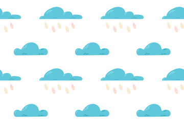 A seamless pattern of fluffy blue clouds with raindrops on a white background. Ideal for weather-themed designs and children's textiles.