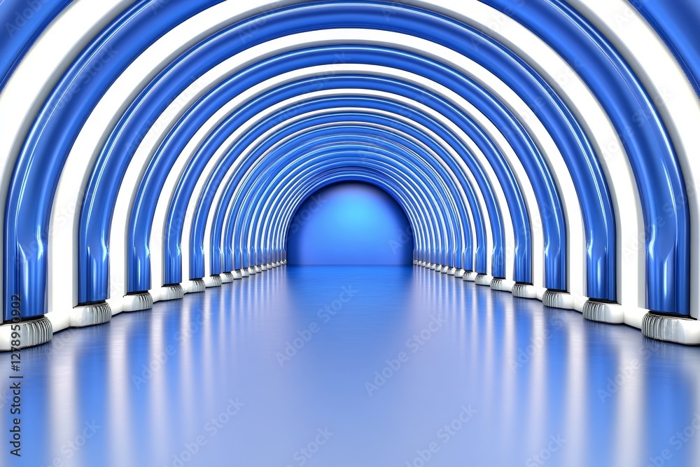 Poster abstract tunnel, corridor with rays of light and new highlights abstract blue background, neon scene