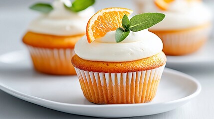 Orange cupcakes with cream cheese frosting and orange slice garnish.