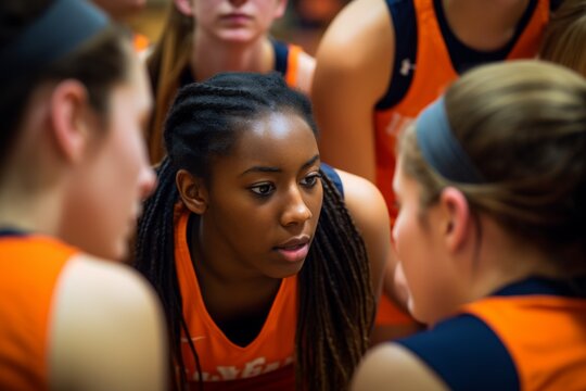 Female basketball team in a huddle - Powered by Adobe