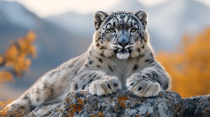 Fototapeta premium Majestic Snow Leopard Resting on Rock Mountainous Habitat Wildlife Photography