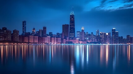 Fototapeta premium A panoramic view of the Chicago skyline at night 