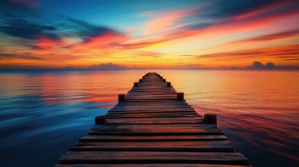 Obraz premium A beautiful wooden pier stretching out into the sea, with colorful sunset hues casting their glow over the water.