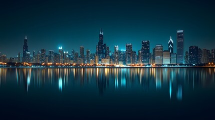 Fototapeta premium A panoramic view of the Chicago skyline at night 