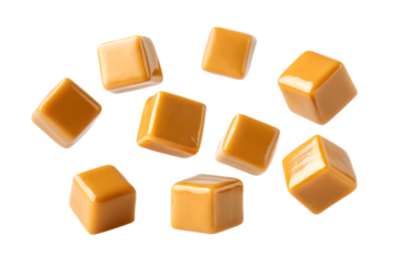Flying Caramel Cubes on White Background, Light, Sweet Treats