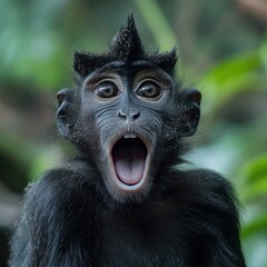Obraz premium A surprised black monkey with wide eyes and an open mouth in a lush green environment.