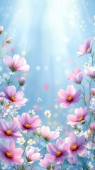 Fototapeta premium Sunlit Floral Dreamscape: Vibrant Pink Blossoms Against a Serene Blue Background