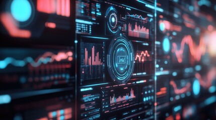 Obraz premium Digital Marketing Metrics Futuristic digital dashboard with glowing graphs and data visualizations in blue and red hues.