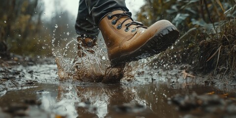 A close-up of boots splashing through a puddle on a rainy adventure