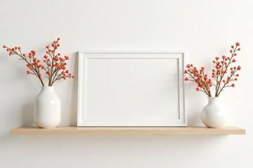 minimalist shelf arrangement on white wall with vases and flowers, decorative shelf, home decor