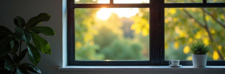 Modern black aluminium frames surrounding a window with a subtle blurred background, steel framing, interior design elements