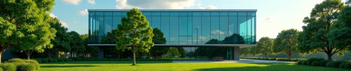 Modern glass office building surrounded by lush greenery with a single tree standing tall in the center , sustainable, oxygen production