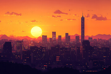 Fototapeta premium Vibrant Sunset Cityscape with Illuminated Skyscrapers