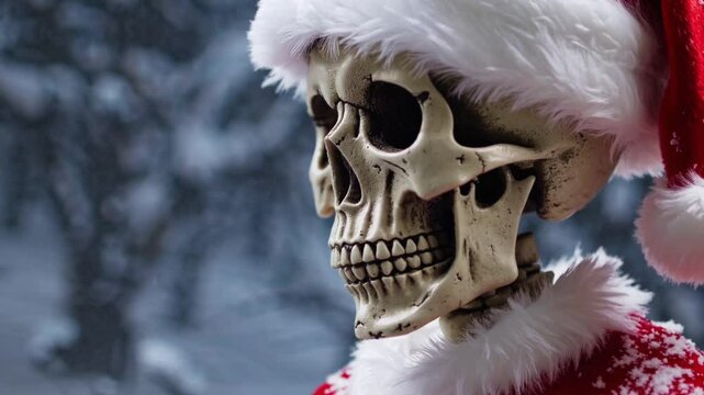 Slow Motion Close-Up Profile of a Unique Skull-Santa Standing Still &ndash; Mysterious and Festive Figure with a Santa Hat on a Detailed Skull, Combining Holiday Cheer with an Edgy Aesthetic. Perfect 