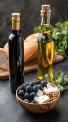 Naklejka premium Delicious salad with mixed greens, feta, and walnuts beautifully arranged with blue grapes and olive oil on a rustic wooden table