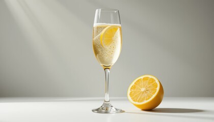 Refreshing Citrus Sparkling Beverage in Elegant Glass with Fresh Lemon on Table