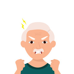 Angry frustrated senior man screaming. Irritation, mad expression, frustration and negative emotion vector graphic illustration.