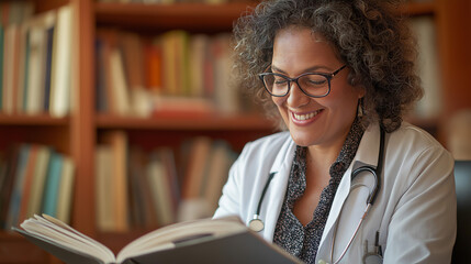 An Inspiring Doctor: A medical professional, her face etched with knowledge and a warm smile, finds solace in the pages of a book within a library.