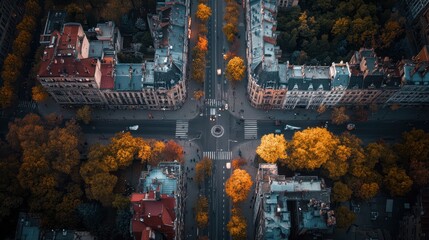 Fototapeta premium Aerial view showcasing a city street featuring a crosswalk, surrounded by several buildings, highlighting urban architecture and pedestrian pathways.