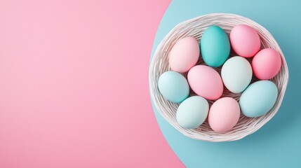 Fototapeta premium Modern Minimalist Easter Basket Filled with Vibrant Colored Eggs