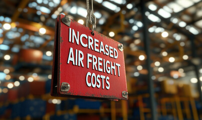 Tariffs import impact. Tax protectionism. Duty negotiation. A price tag hanging from an airplane in a promotional image.
