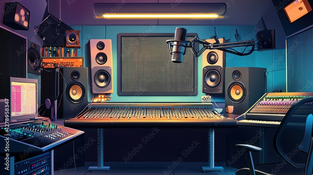 Poster A professional podcast microphone with a pop filter in a modern recording studio. 