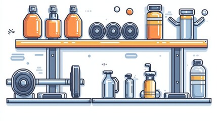Vibrant Shelves with Fitness Equipment and Various Containers in Modern Flat Design Style