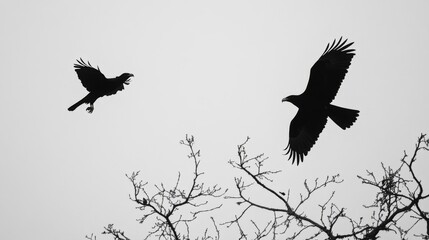 Fototapeta premium Two Black Birds in Flight Against a White Sky