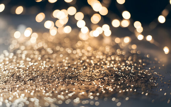Sparkling Glitter and Lights: A close-up shot of gold glitter with blurred string lights creates a festive and celebratory atmosphere.