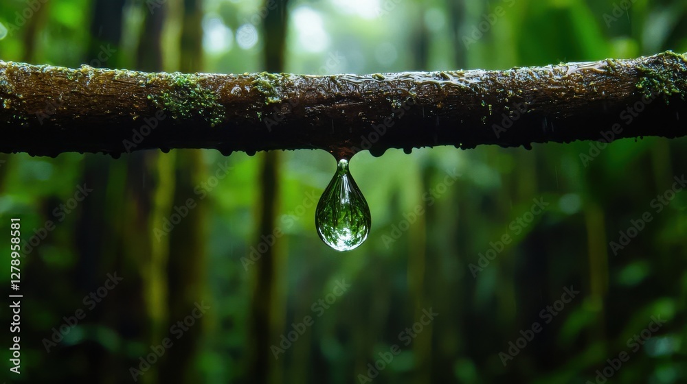 Poster a drop of water hangs from a tree branch