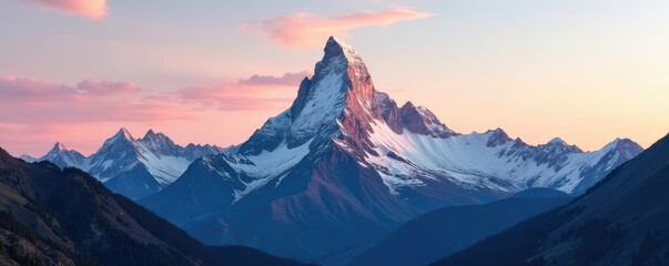 Vertical peak with snow capped summit at golden hour, mountain peak, mountains