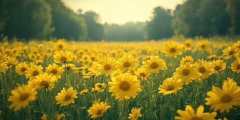 Obraz premium A vibrant field filled with yellow flowers, complemented by a backdrop of lush green trees under a clear sky, showcasing nature's beauty.